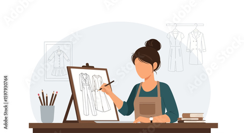 Creative Fashion Designer Sketching New Clothes Designs In Her Studio