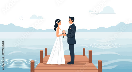 Elegant Wedding Couple Embracing By The Lakeside On A Wooden Pier View
