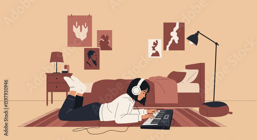 Creative Girl Composing Melodies At Home Keyboard Practice In Cozy Interior