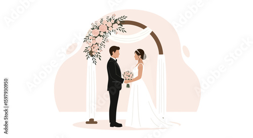 Elegant Wedding Couple Standing Under Floral Arch In Ceremony Illustration