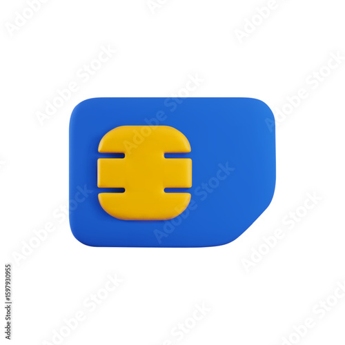 Vector cartoon 3d Sim card illustration. Minimal realistic 3d render blue mobile phone gsm SIM card with golden circuit chip. Communication technology illustration, gsm network eSIM, 4G, 5G concept.