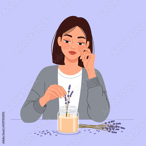 Young woman arranging lavender sprigs in a jar of oil, creating a homemade aromatherapy product on a light purple background.