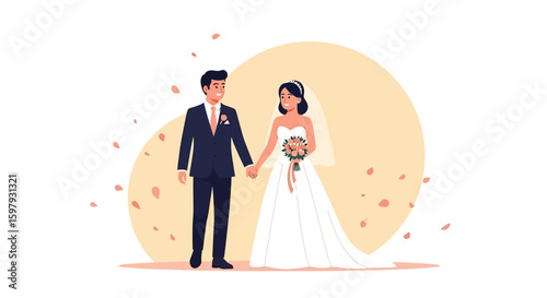 Elegant Wedding Day Couple Holding Hands In Romantic Scene With Floral Petals