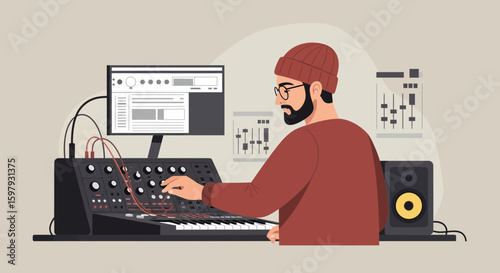 Creative Musician Working On New Electronic Music Track At Home Studio