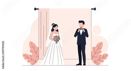 Elegant Wedding Day Couple Posing Against Modern Backdrop Illustration