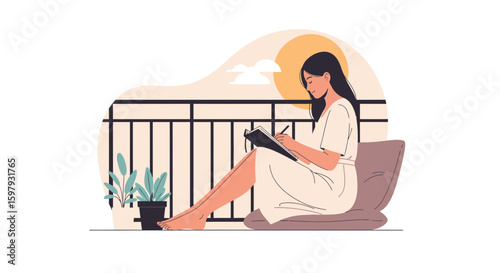 Creative Woman Writing In Notebook On Balcony At Sunrise Illustration