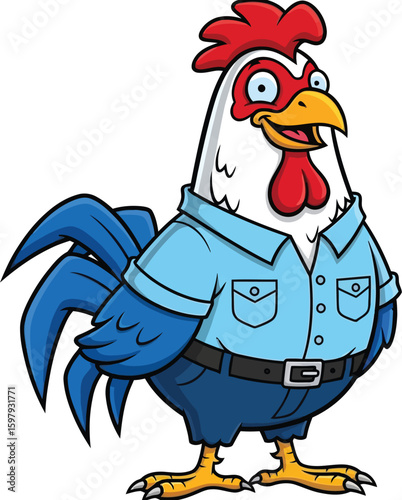 Cartoon rooster wearing a shirt and pants smiling at something afar