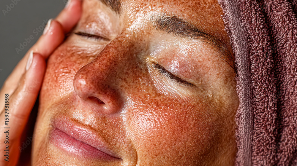 Naklejka premium Close-up of a woman receiving a facial treatment with serum application on her forehead