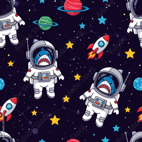 Seamless pattern of cute sharks in astronaut suits, perfect for kids' apparel or space-themed designs.