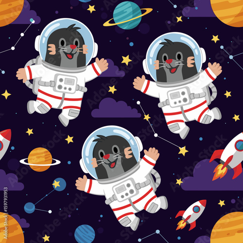 Cute moles in space suits, seamless pattern for kids' textile, wallpaper, or website background.