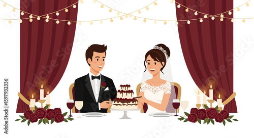 Elegant Wedding Reception With Couple Cutting Cake And Celebrating Joyfully