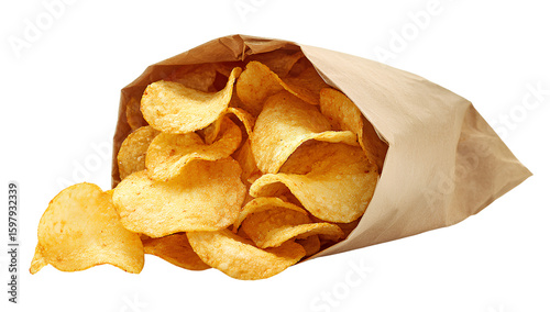  Crunchy potato chips in an opened snack bag transparent background