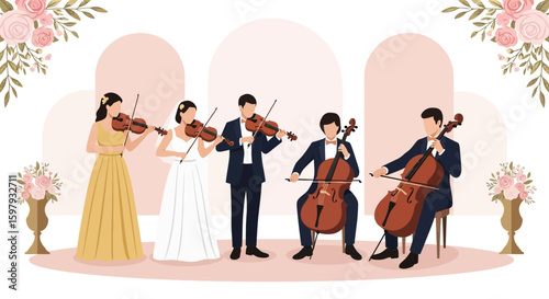 Elegant Wedding String Quartet Performance With Floral Accents At The Reception