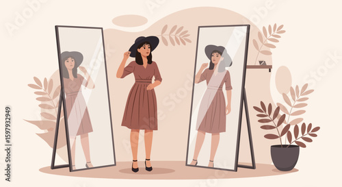 Elegant Woman Admiring Her Reflection in Mirrors with Fashionable Attire