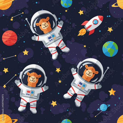 Cute llamas in spacesuits floating in space, perfect for children's books, textiles, or websites.