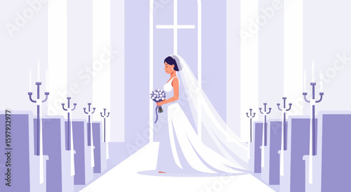 Bride Walking Down Aisle In Church During Wedding Ceremony In Pastel Colors