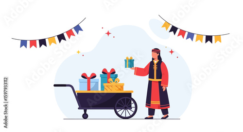 Celebration With Gifts Wearing Traditional Costume On Festivities And Special Events