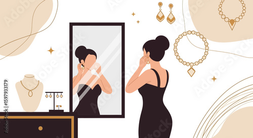 Elegant Woman Adorning Herself With Jewelry For Sophisticated Look