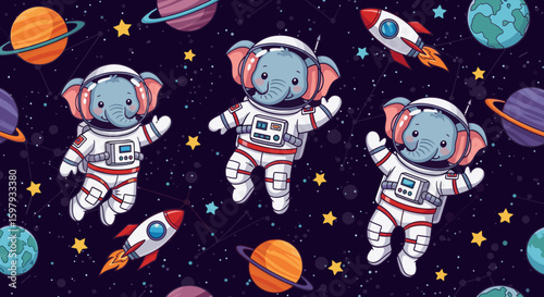 Adorable elephants in astronaut suits floating in space, perfect for children's books or space-themed products.