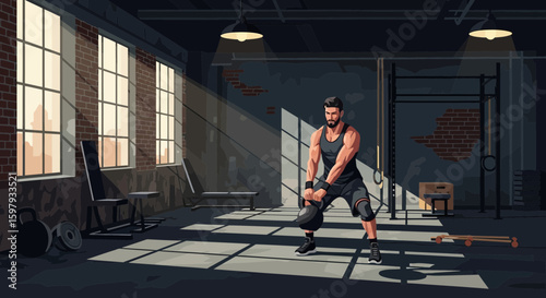 Dedicated Athlete Strengthening Core With Kettlebell Exercise In Brightly Lit Industrial Gym
