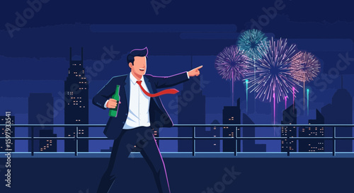 Celebratory Fireworks Display Over City Skyline With Relaxed Business Professional