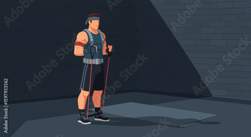 Dedicated Man Exercising With Resistance Bands In Dark Room for Strength Building