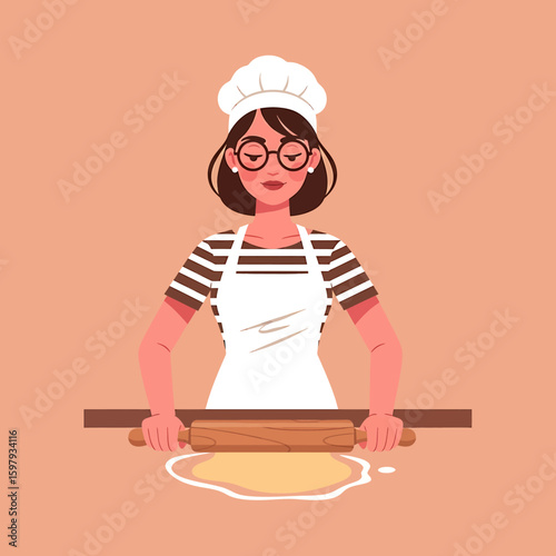 A woman wearing a chef's hat and apron is rolling dough with a rolling pin on a light brown surface.