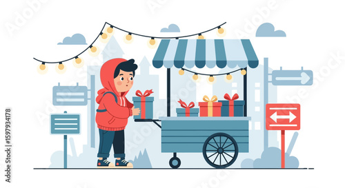 Delivering Festive Joy Youngster at Christmas Gift Stall Filled with Delight