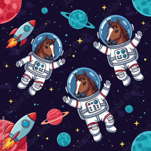 Three horses in astronaut suits floating in space, perfect for children's books or space-themed websites.