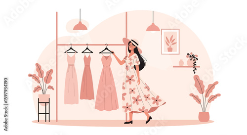 Elegant Woman Chooses Clothes Fashionable Dresses In The Store Boutique Interior