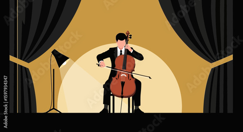 Cellist Performing Live Under Spotlight With Elegant Curtains In Retro Stage