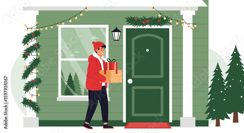 Delivering Joyful Gifts Winter Scene Man Carrying Presents Festive Season