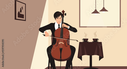 Cellist Performing Music In A Cozy Cafe Atmosphere With Coffee Nearby