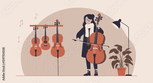 Cellist Practicing In Music Studio With Instruments And Decorative Indoor Plant