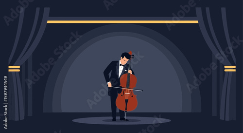 Cello Performance On Stage Under Spotlight With Dark Curtains Backdrop