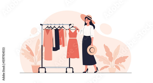 Elegant Woman Deciding Summer Outfit From Clothing Rack On White Backdrop