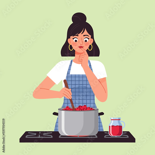 Woman in apron stirring a pot on the stove, seemingly thinking about the recipe or the cooking process.