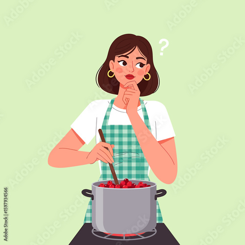 A woman in an apron stirs a pot of red fruit while thinking, indicated by a question mark above her head.