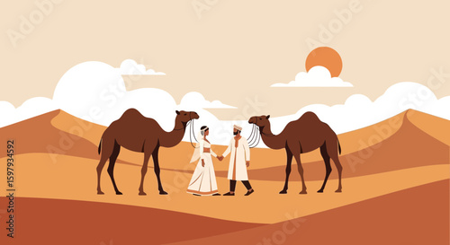 Desert Romance: Couple Meeting Between Camels In Sandy Dune Landscape