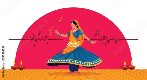 Elegant Woman Dancing Traditional Indian Folk Dance On Decorated Platform