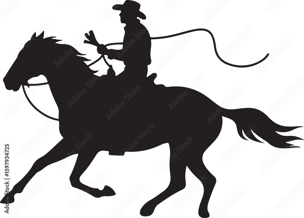 Naklejka premium A vector silhouette of a wild west cowboy riding a running horse wipe rope in illustration