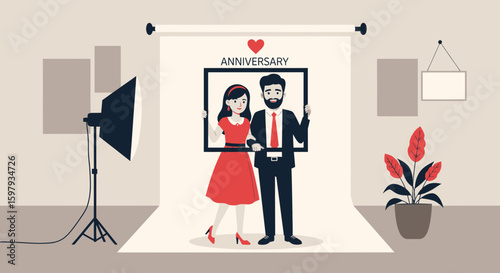 Charming Couple Posing for Anniversary Portrait in Cozy Photography Studio
