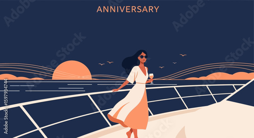 Elegant Woman Enjoying A Romantic Anniversary Trip At Sunset On A Luxurious Yacht