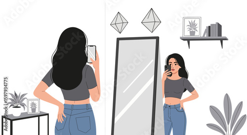 Charming Woman Capturing Her Reflection In a Stylish Mirror And Posing With Confidence