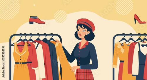 Charming Woman Choosing Outfit During Fashionable Shopping Time At Boutique Store
