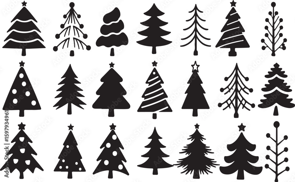 Obraz premium Christmas tree vector bundle set black silhouette on white background.