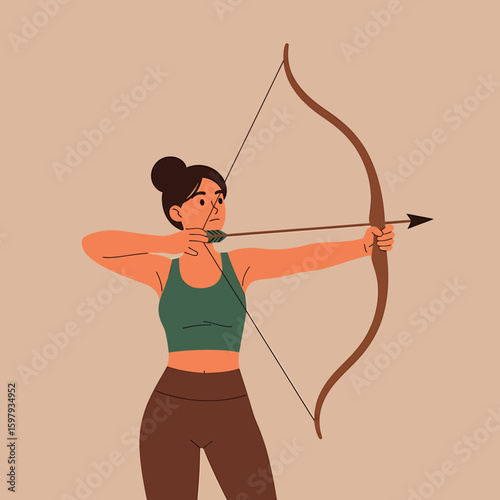 A woman in athletic wear practices archery, drawing back the bowstring and aiming an arrow.