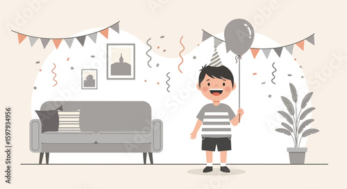 Cheerful Birthday Celebration At Home With Adorable Boy Holding Balloon