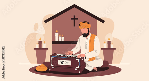 Devotional Music Performance By Indian Man Playing Harmonium In Church Illustration