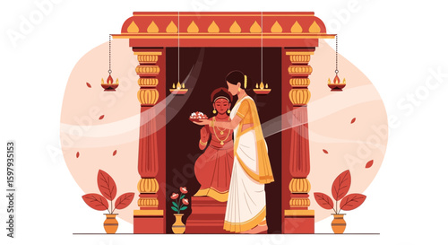 Devotional Offering At Temple With Woman Presenting Flowers To Goddess